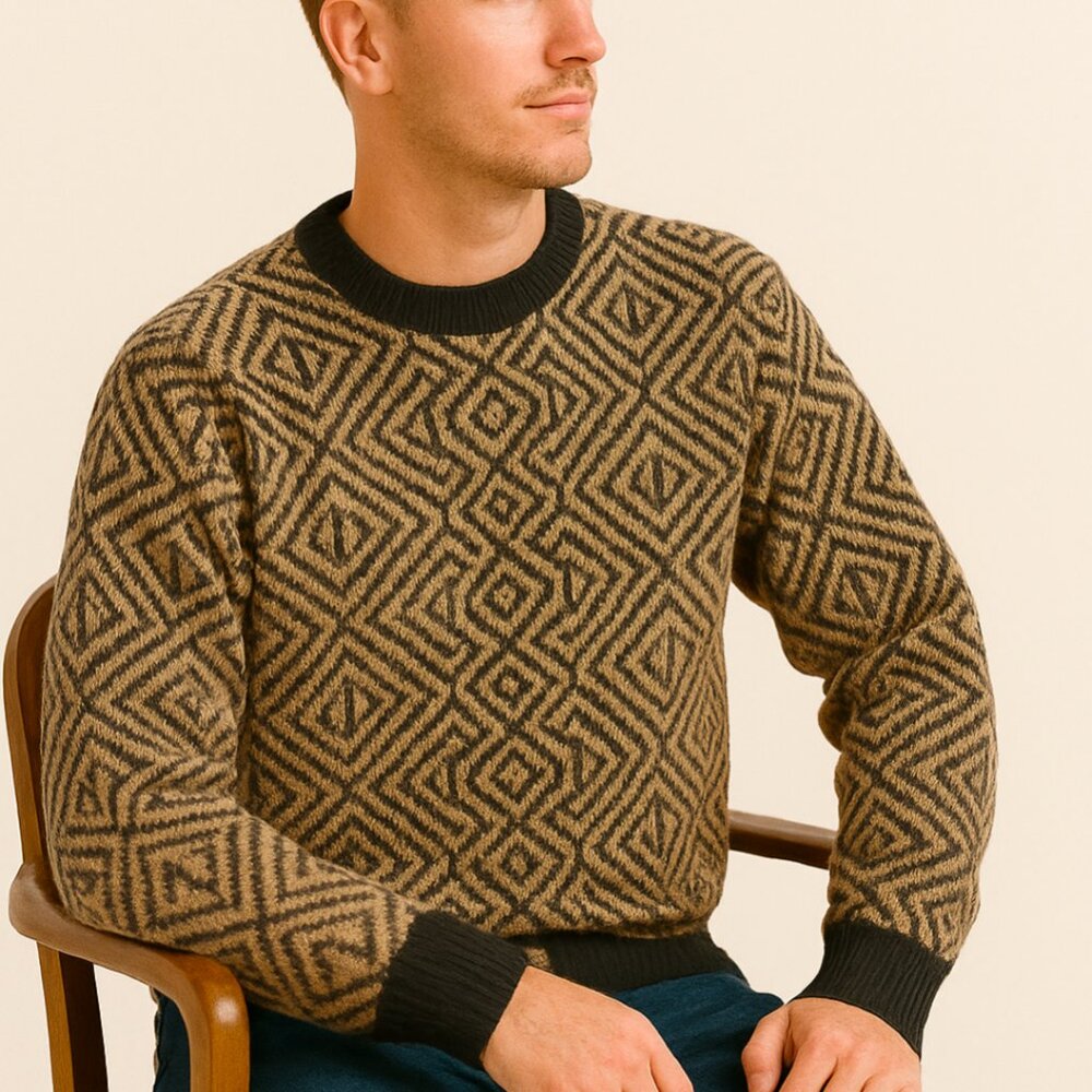 Vintage Bullock & Jones Alpaca Sweater XL Tan Black Geometric Made in Italy - Picture 1 of 9